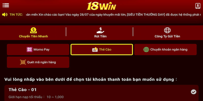 Thanh toán chuyển khoản tại nhà cái qua thẻ cào